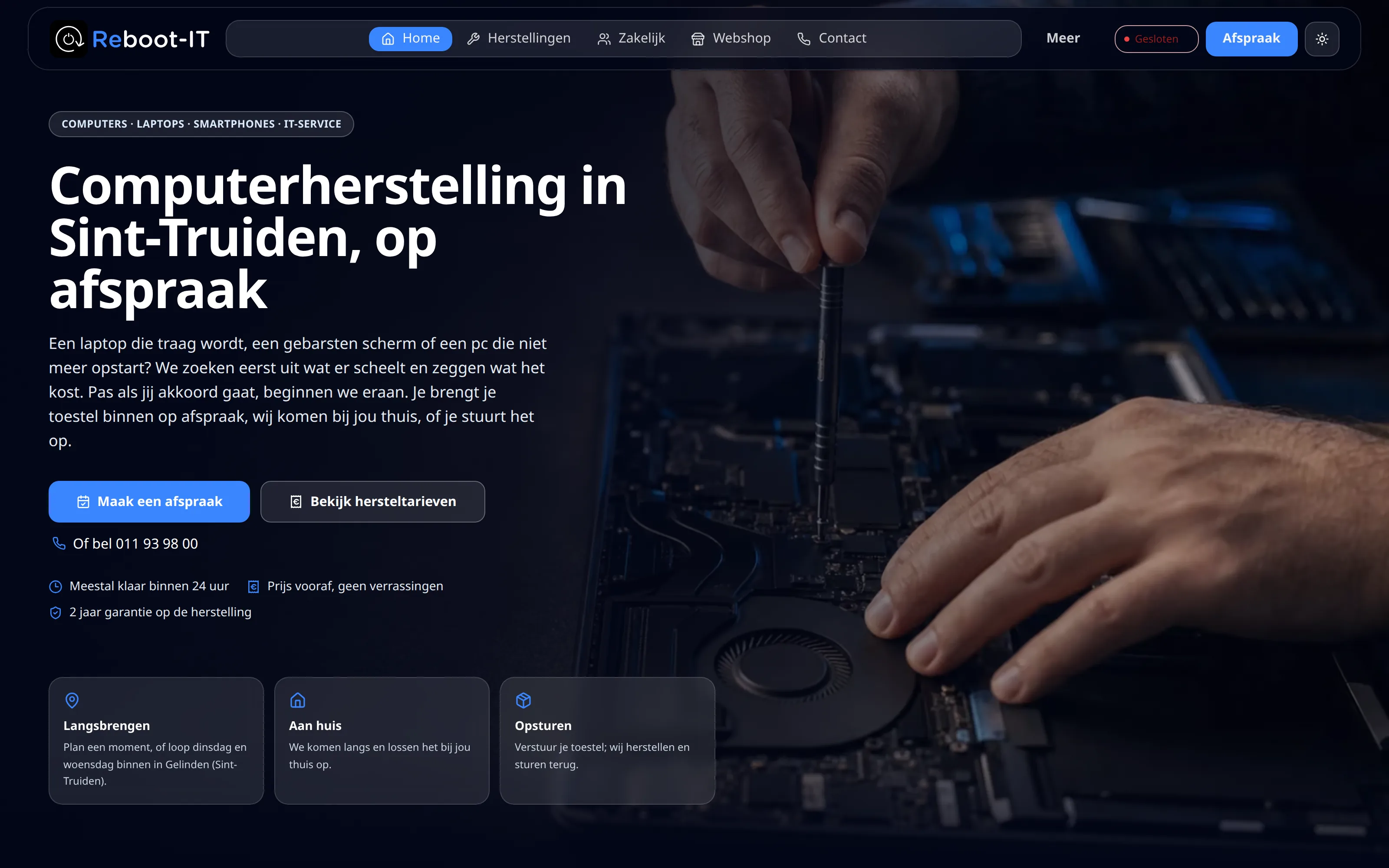 Reboot-IT homepage met diensten webdesign, AI, zakelijk en herstellingen